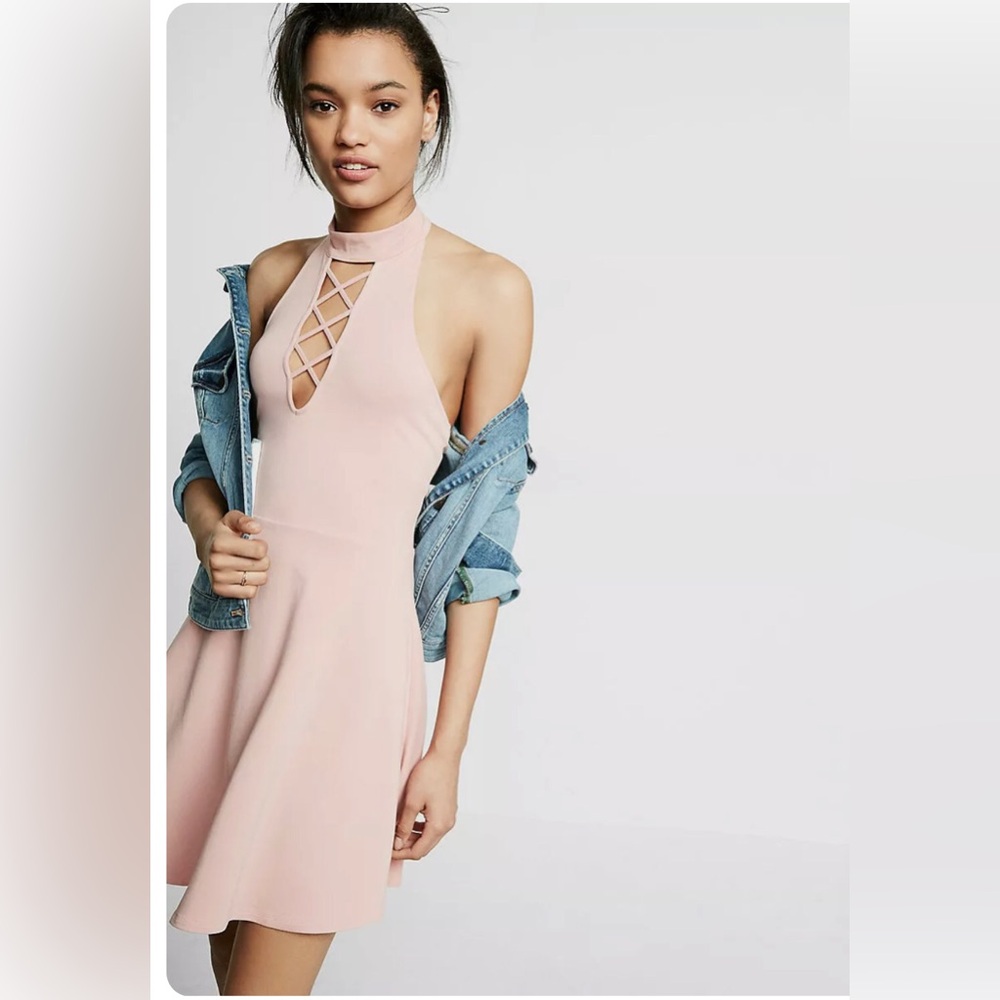 Express Fit and Flare Lace Up Mock Neck Skater Dress Blush Pink Women's